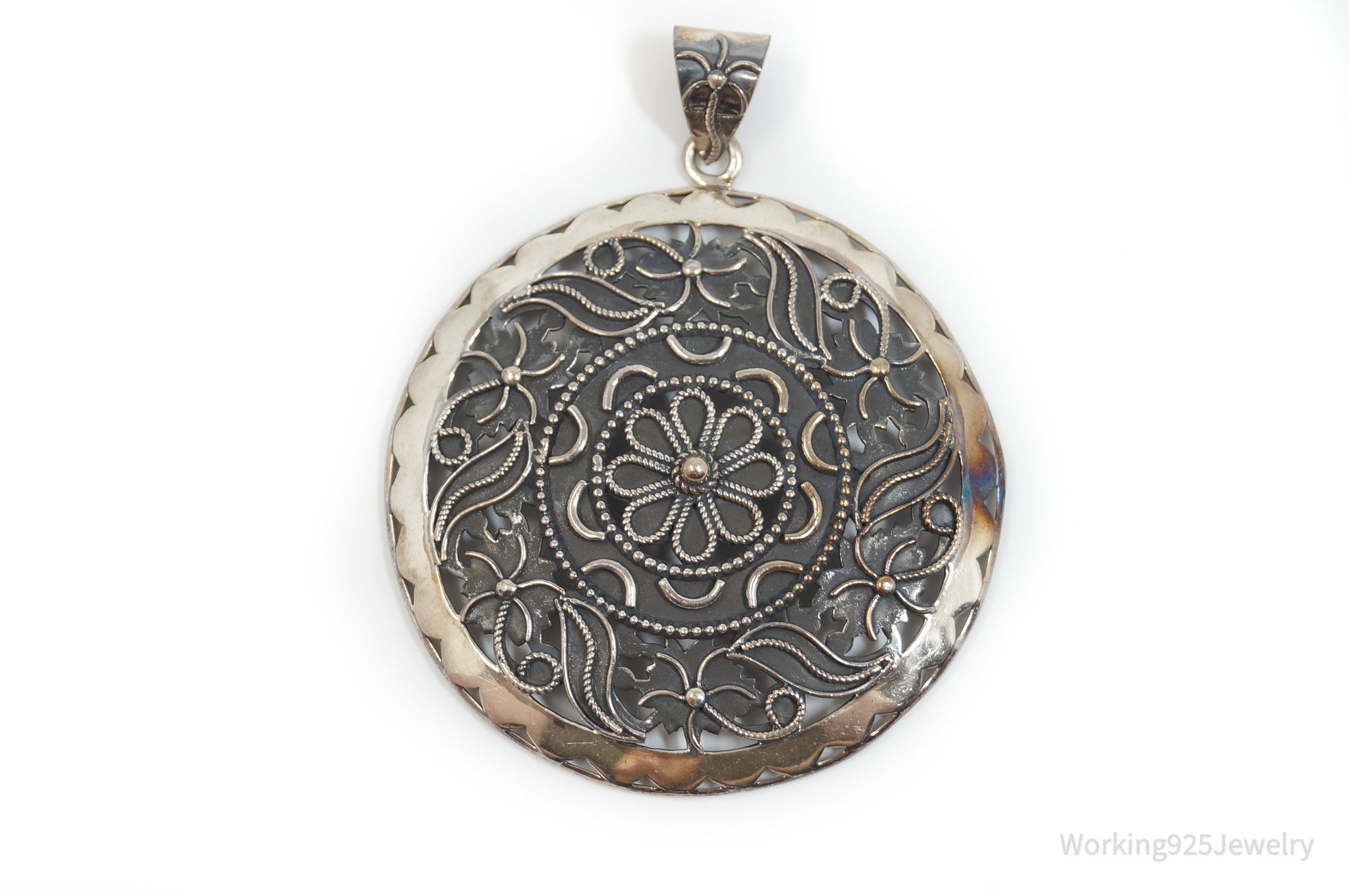 Vintage India Designer Doug Paulus Ornate Flower Sterling Silver Pendant | Jewelry > Necklaces > Pendants | Wiccan Center