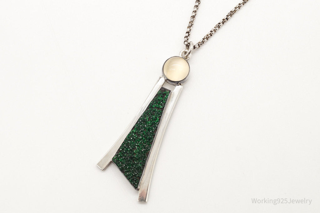 Vintage Moonstone Green Druzy Quartz Modernist Sterling Silver Necklace | Jewelry > Necklaces > Pendants | Wiccan Center