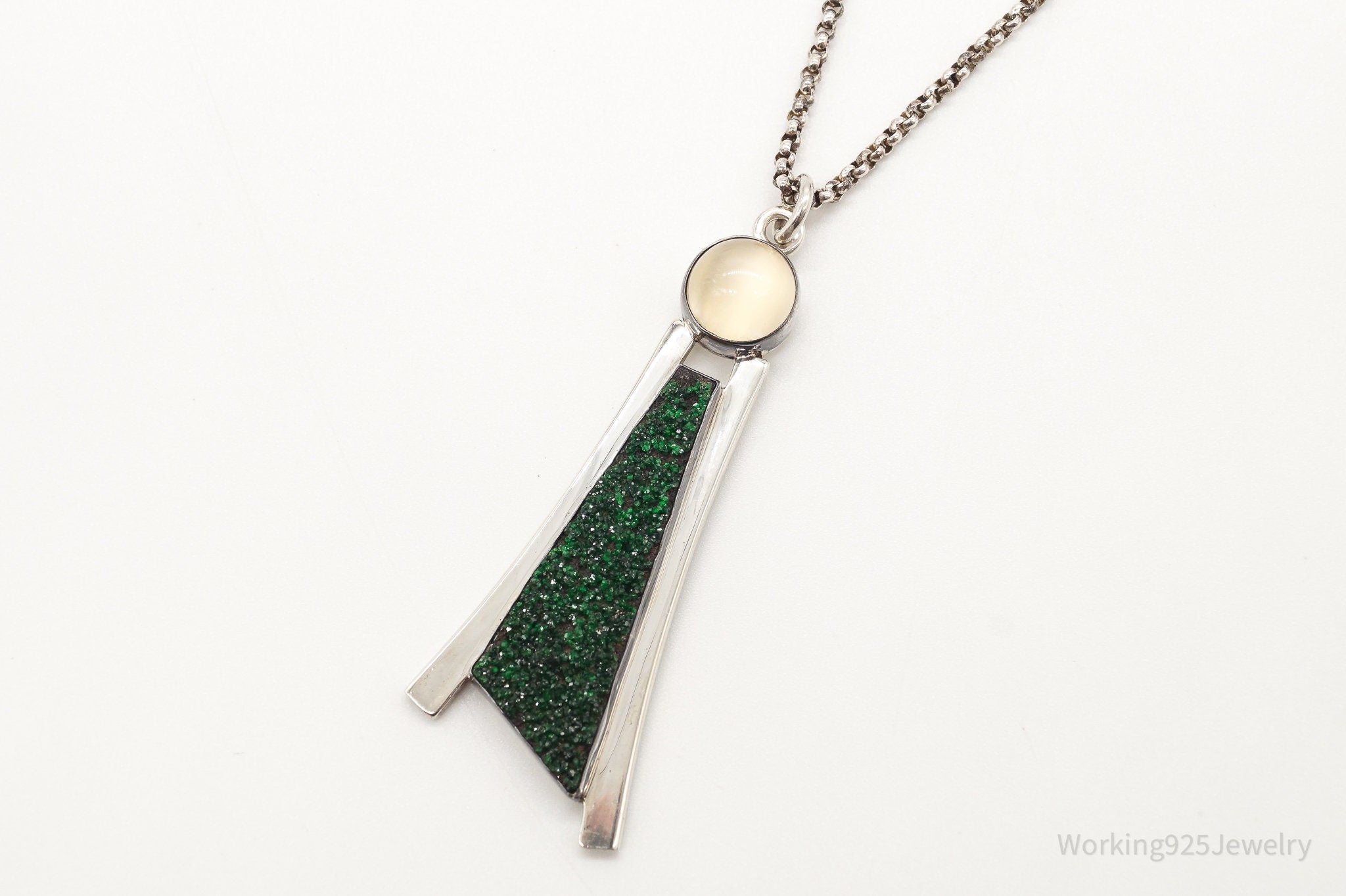 Vintage Moonstone Green Druzy Quartz Modernist Sterling Silver Necklace | Jewelry > Necklaces > Pendants | Wiccan Center