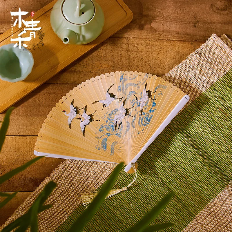 18cm Chinese style retro style all bamboo crane dark green big red bronzing folding fan portable cheongsam dance fan