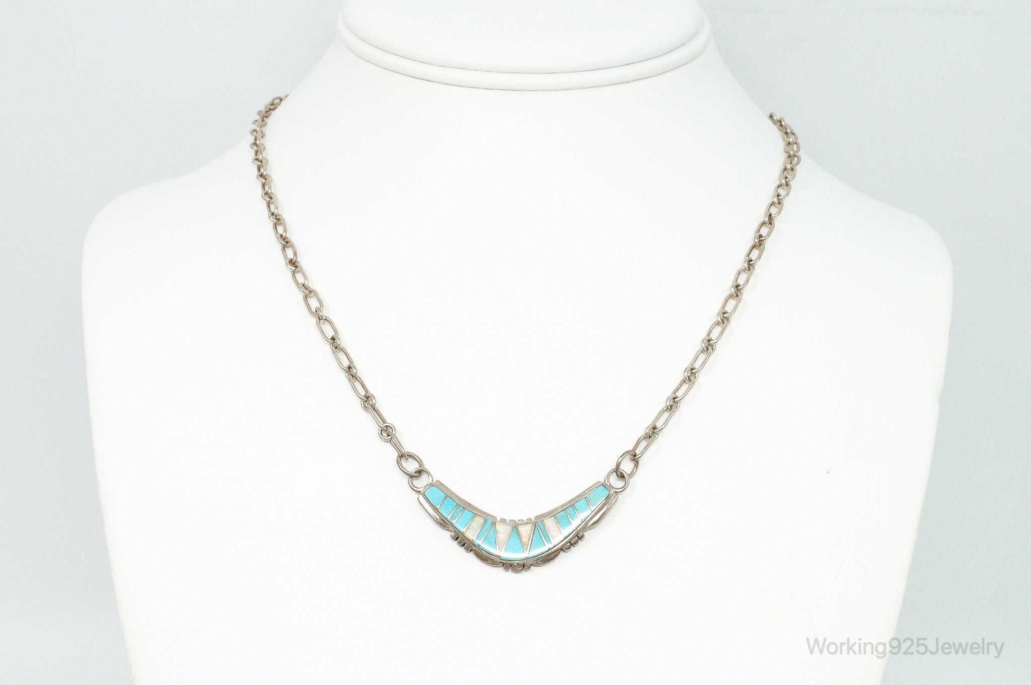 Vintage Native American Turquoise Opal Inlay Sterling Silver Necklace | Jewelry > Necklaces > Pendants | Wiccan Center