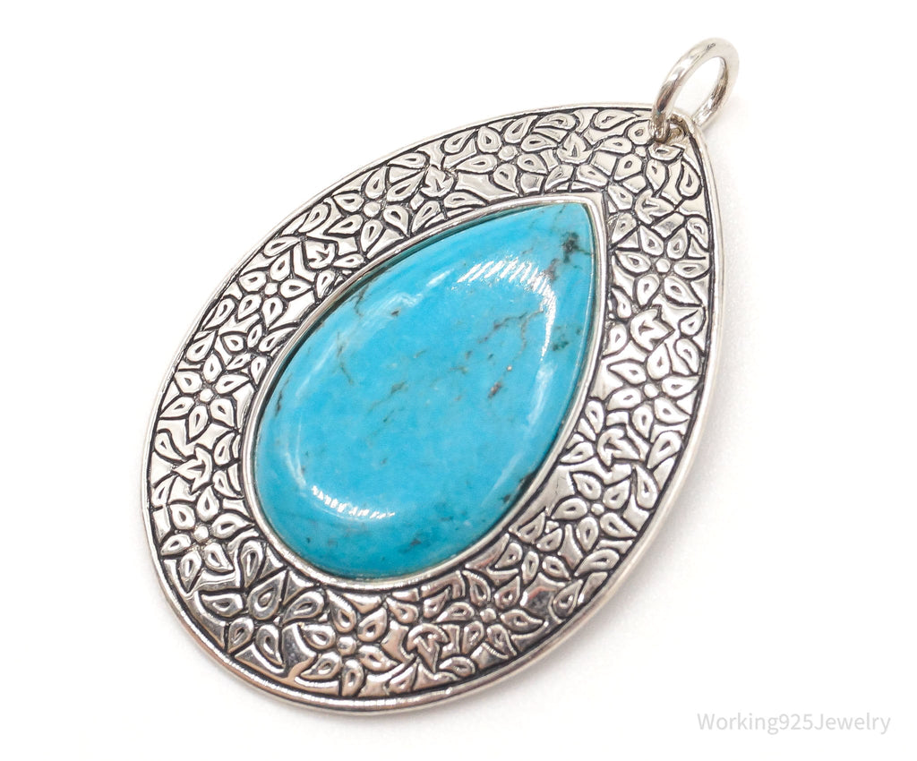 Vintage Large Turquoise Floral Etched Sterling Silver Necklace Pendant | Jewelry > Necklaces > Pendants | Wiccan Center