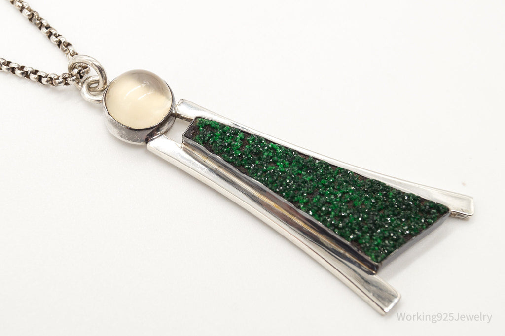 Vintage Moonstone Green Druzy Quartz Modernist Sterling Silver Necklace | Jewelry > Necklaces > Pendants | Wiccan Center