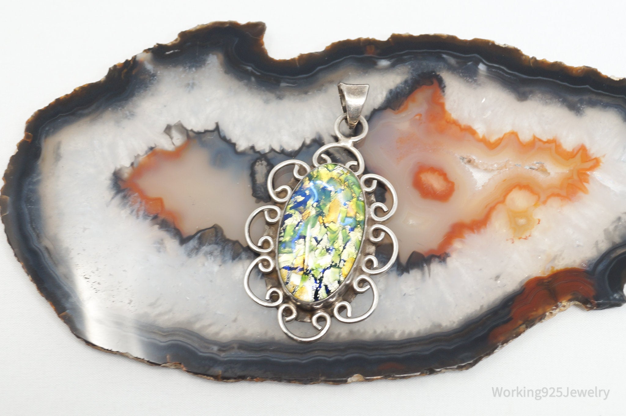 Vintage Large Mexico Dichroic Glass Flower Sterling Silver Necklace Pendant | Jewelry > Necklaces > Pendants | Wiccan Center