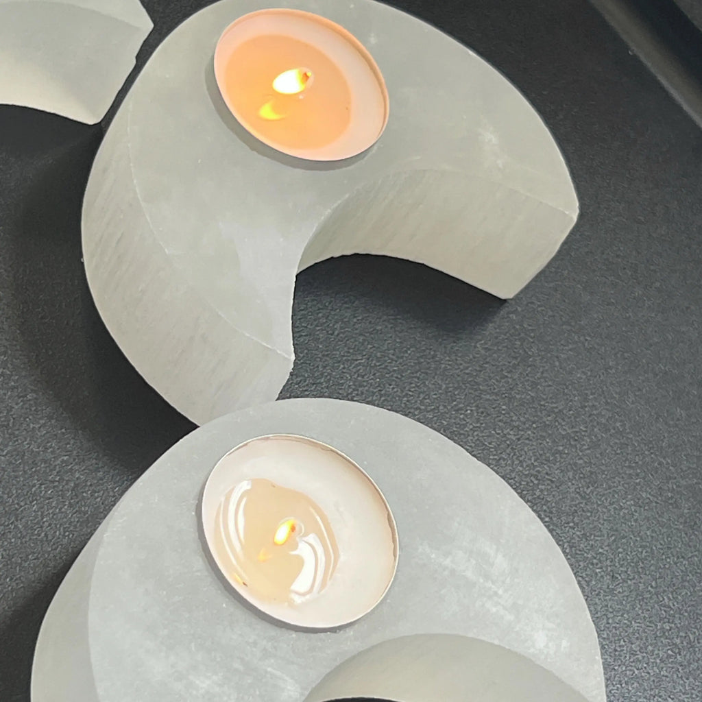 Selenite Crystal Crescent Moon Tealight Candle Carving Gemstone Home Decor | Home & Living > Home Decor > Candles & Home Fragrances > Candles > Tea Lights | Wiccan Center