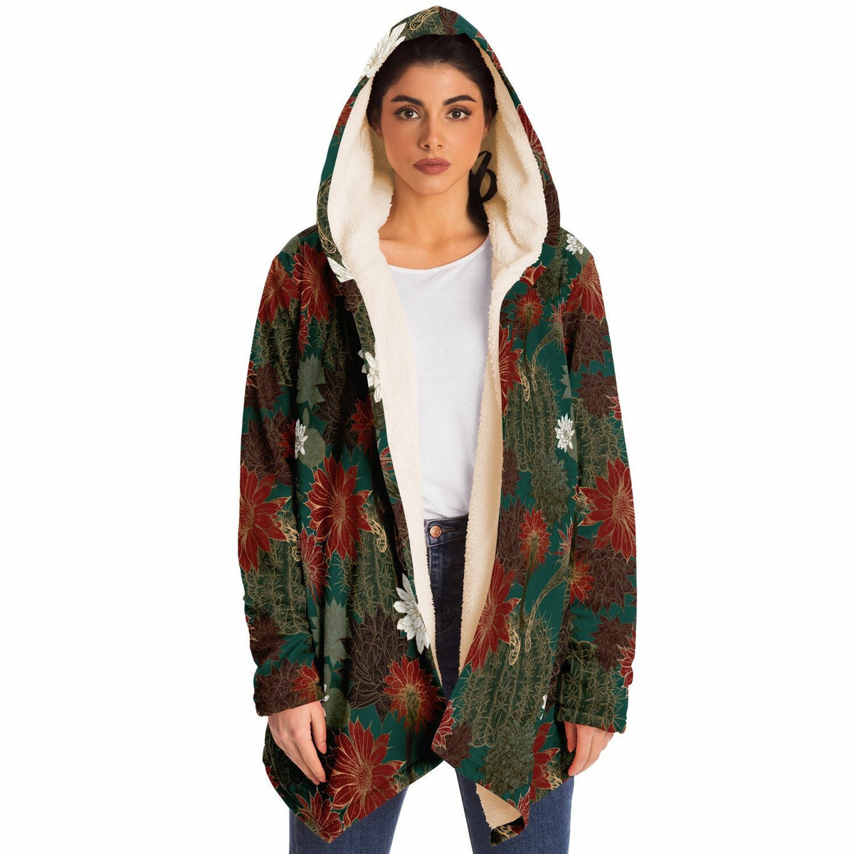 Desert Flowers Cuddle Cloak | Green Red | Unisex Minky Sherpa Lined Hooded Coat | Women and Mens Festival Coat | Mountain Fashion | Microfleece Cloak - AOP | Wiccan Center
