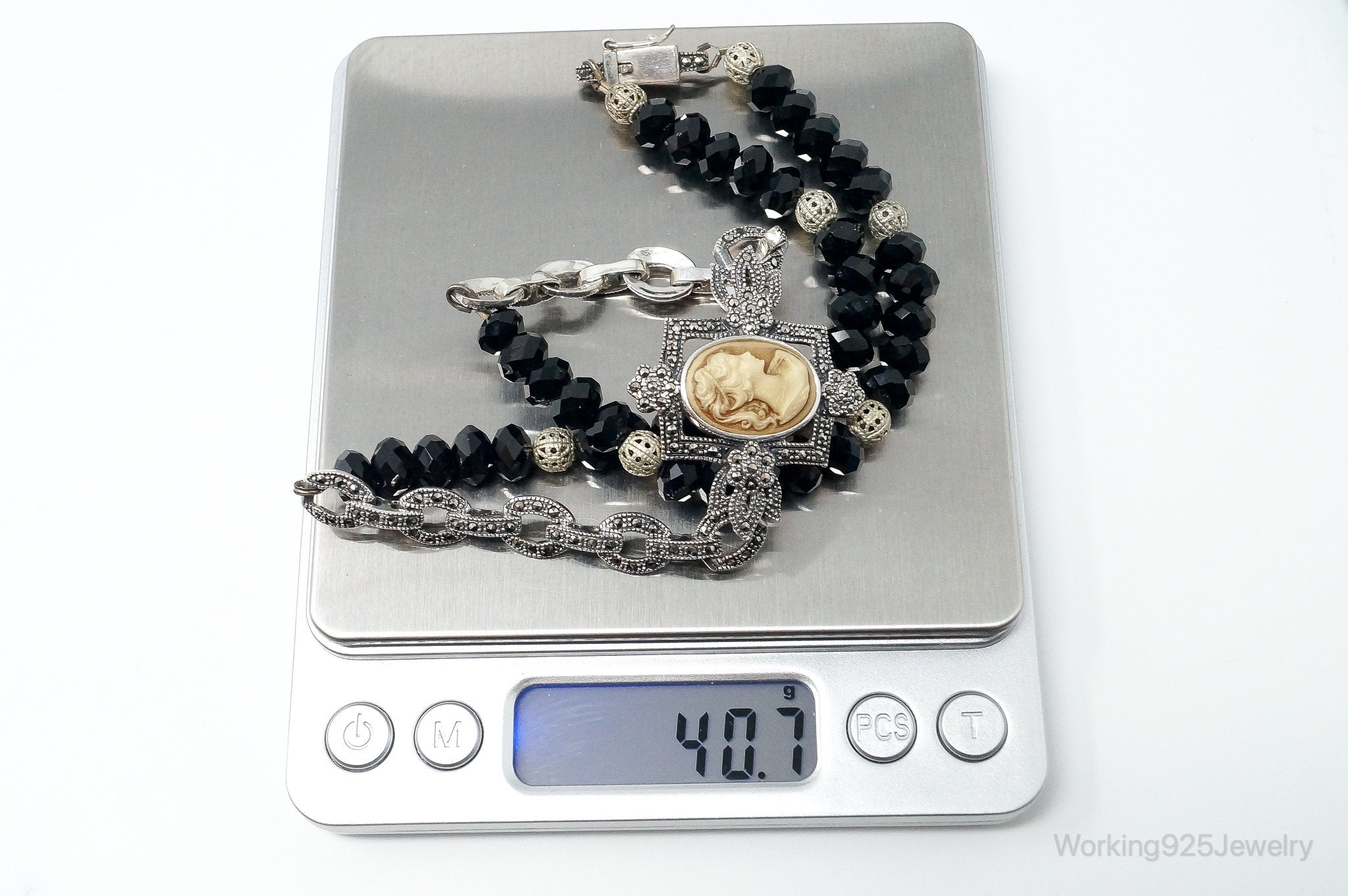 VTG Carved Cameo Shell Black Onyx Marcasite Sterling Silver Necklace | Jewelry > Necklaces > Pendants | Wiccan Center