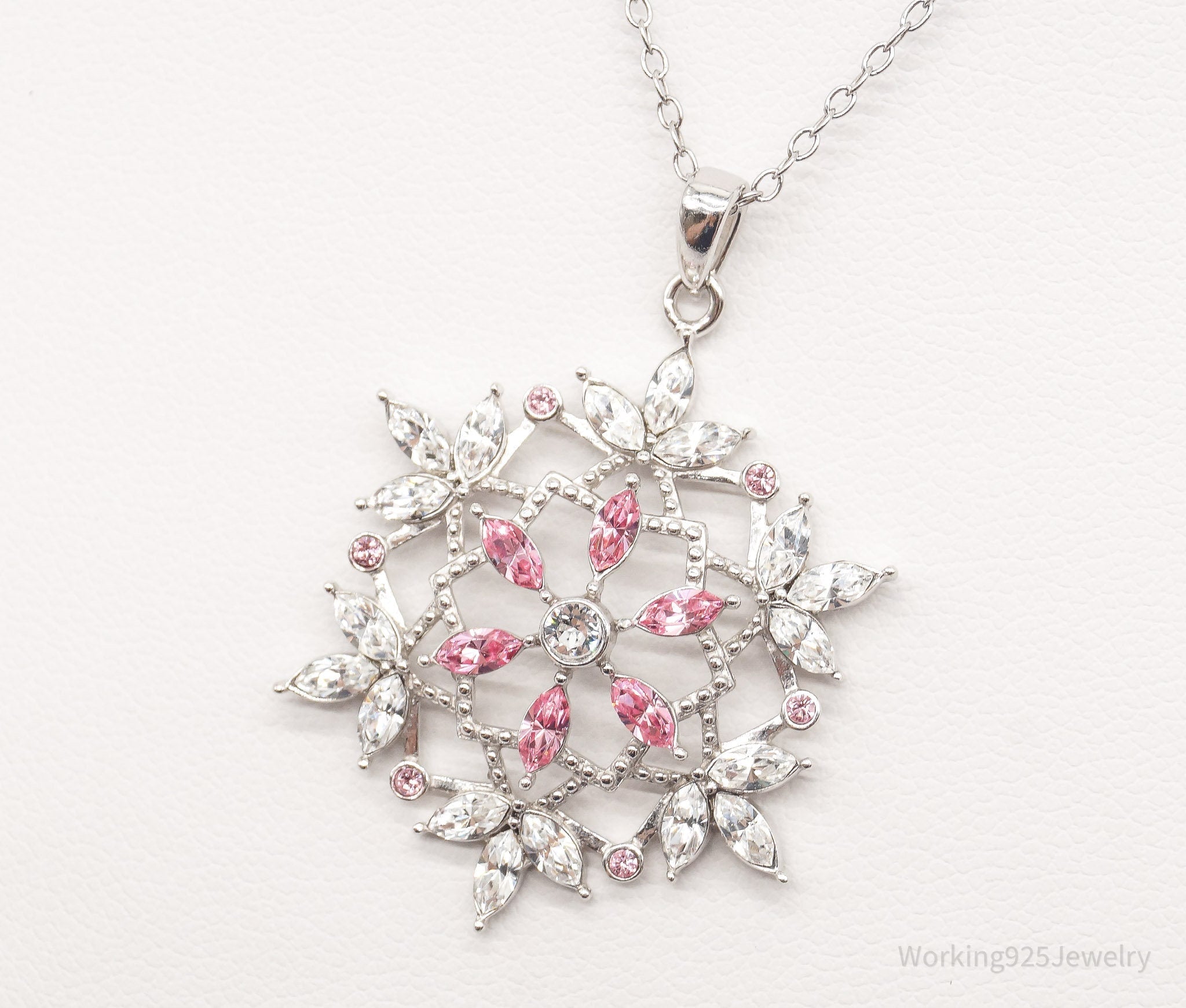 Vintage Designer RL Pink & White Crystal Snowflake Sterling Silver Necklace | Jewelry > Necklaces > Pendants | Wiccan Center