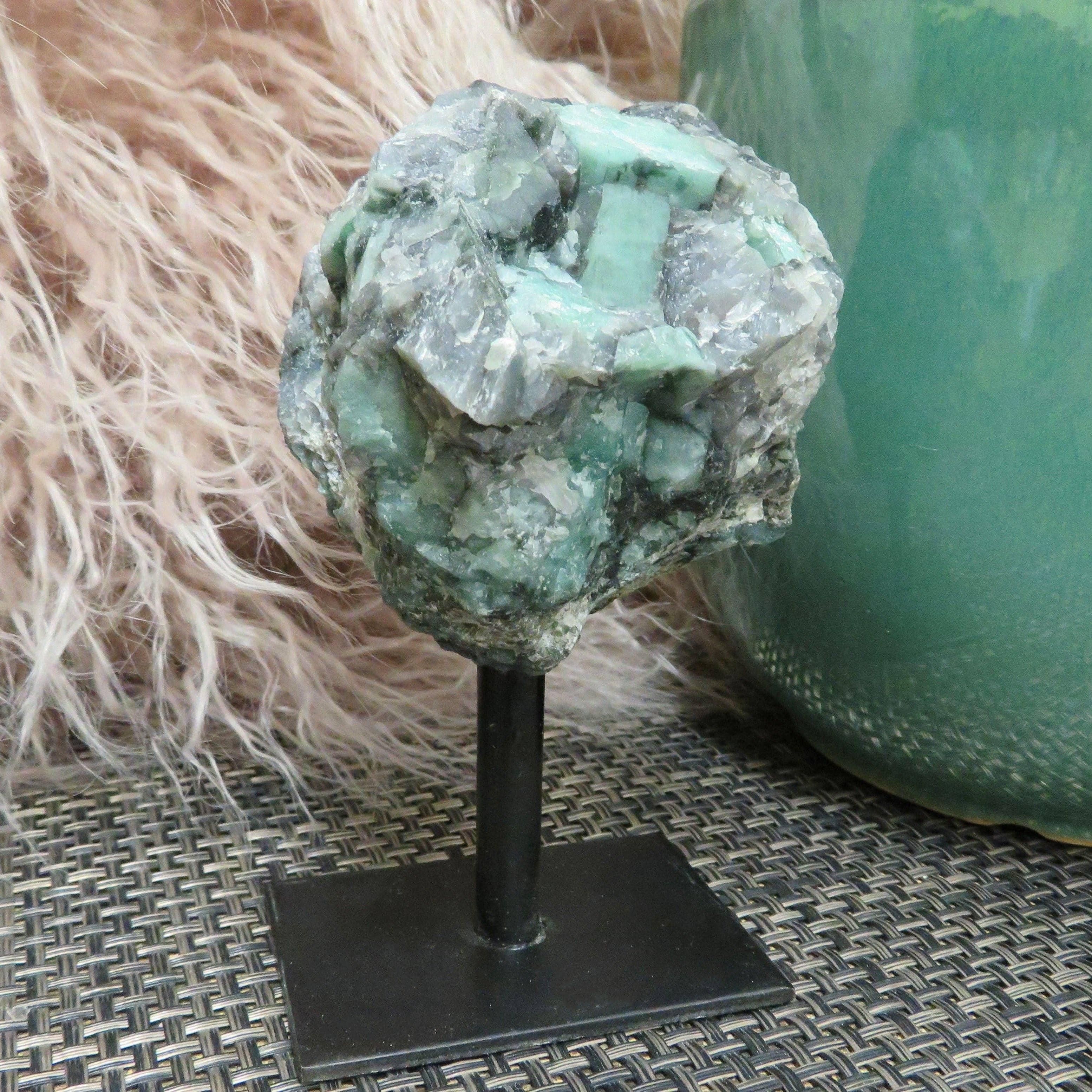 Raw Emerald Cluster on Metal Stand