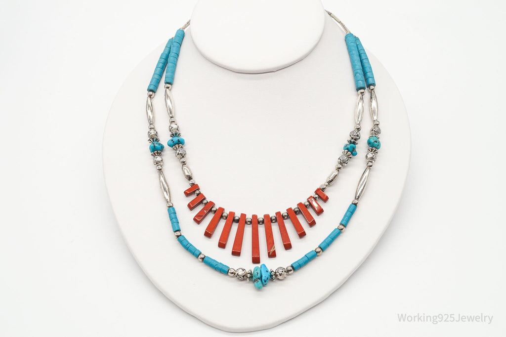 Vintage Native American Red Jasper Blue Turquoise Silver Bead Necklace 24" | Jewelry > Necklaces | Wiccan Center