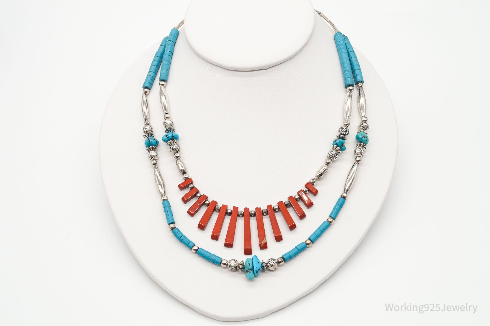 Vintage Native American Red Jasper Blue Turquoise Silver Bead Necklace 24" | Jewelry > Necklaces | Wiccan Center