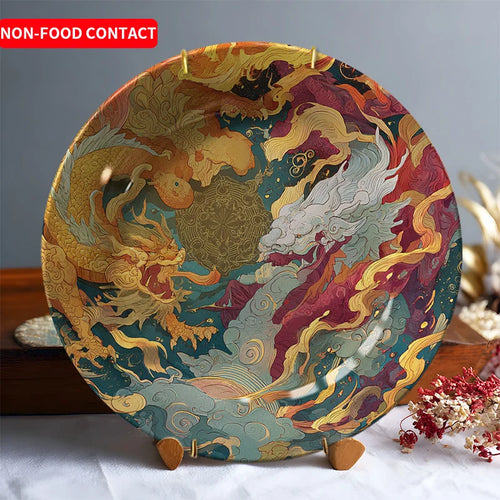 2D Flat - A 2D Decorative Plate Featuring a Chinese Dragon - Hand-Painted Asian Home Decor with a Golden Dragon Design | Decorative Plate | Wiccan Center