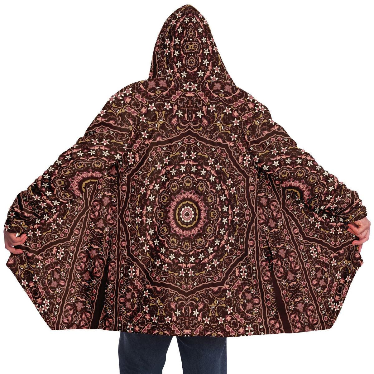 Raspberry Chocolate Persian Carpet Cuddle Cloak | Unisex Minky Sherpa Hooded Coat | Women and Mens Festival Coat | Mountain Fashion | Microfleece Cloak - AOP | Wiccan Center