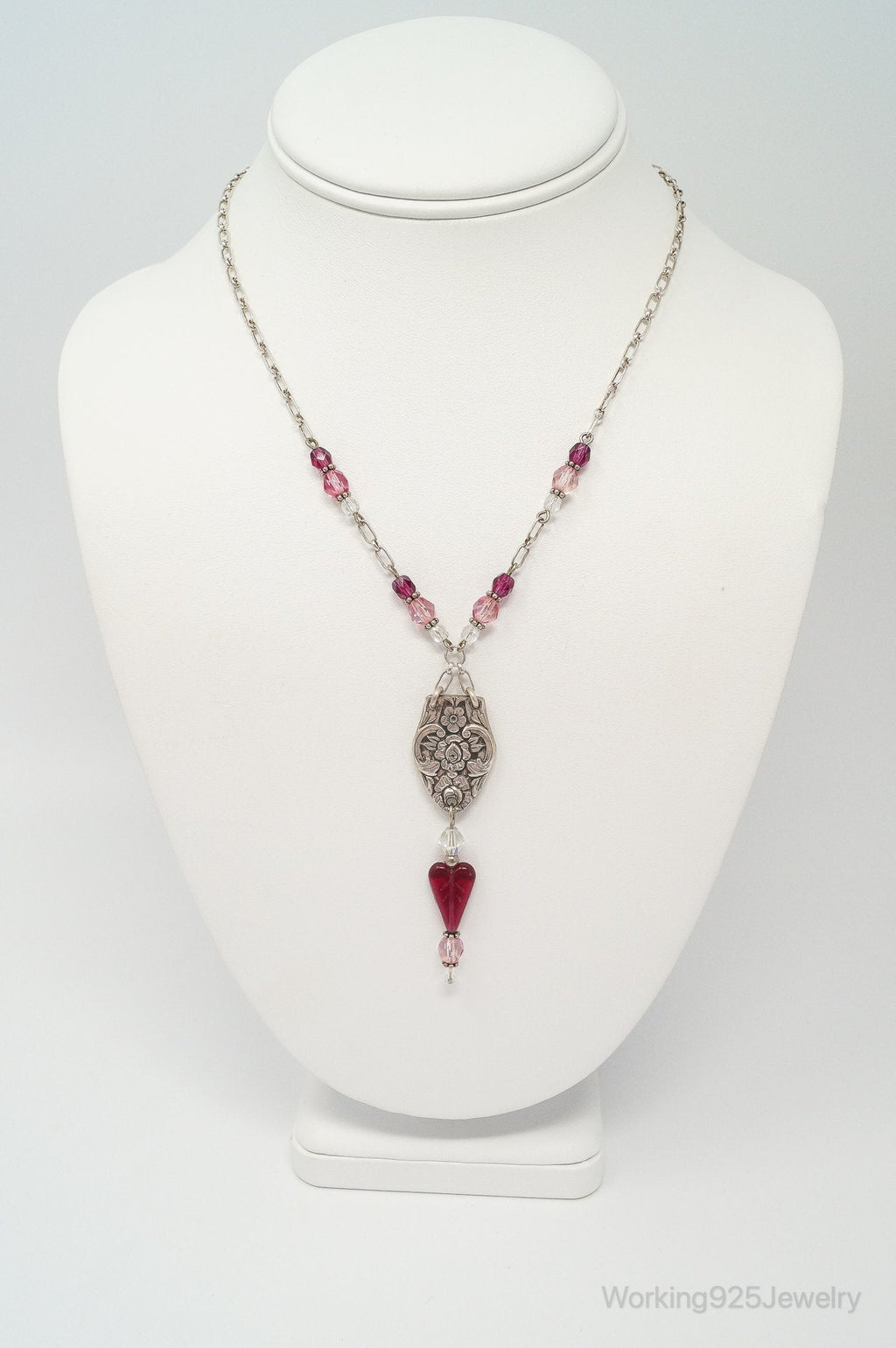 Vintage Floral Spoon Repousse Glass Heart Crystal Sterling Silver Necklace | Jewelry > Necklaces > Pendants | Wiccan Center