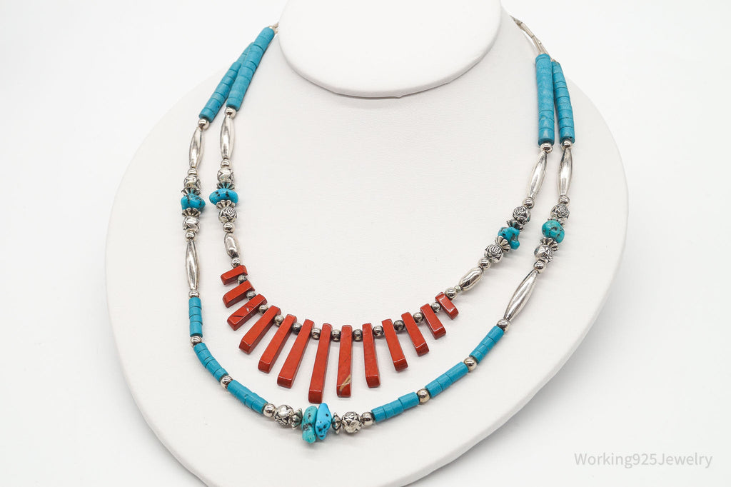 Vintage Native American Red Jasper Blue Turquoise Silver Bead Necklace 24" | Jewelry > Necklaces | Wiccan Center