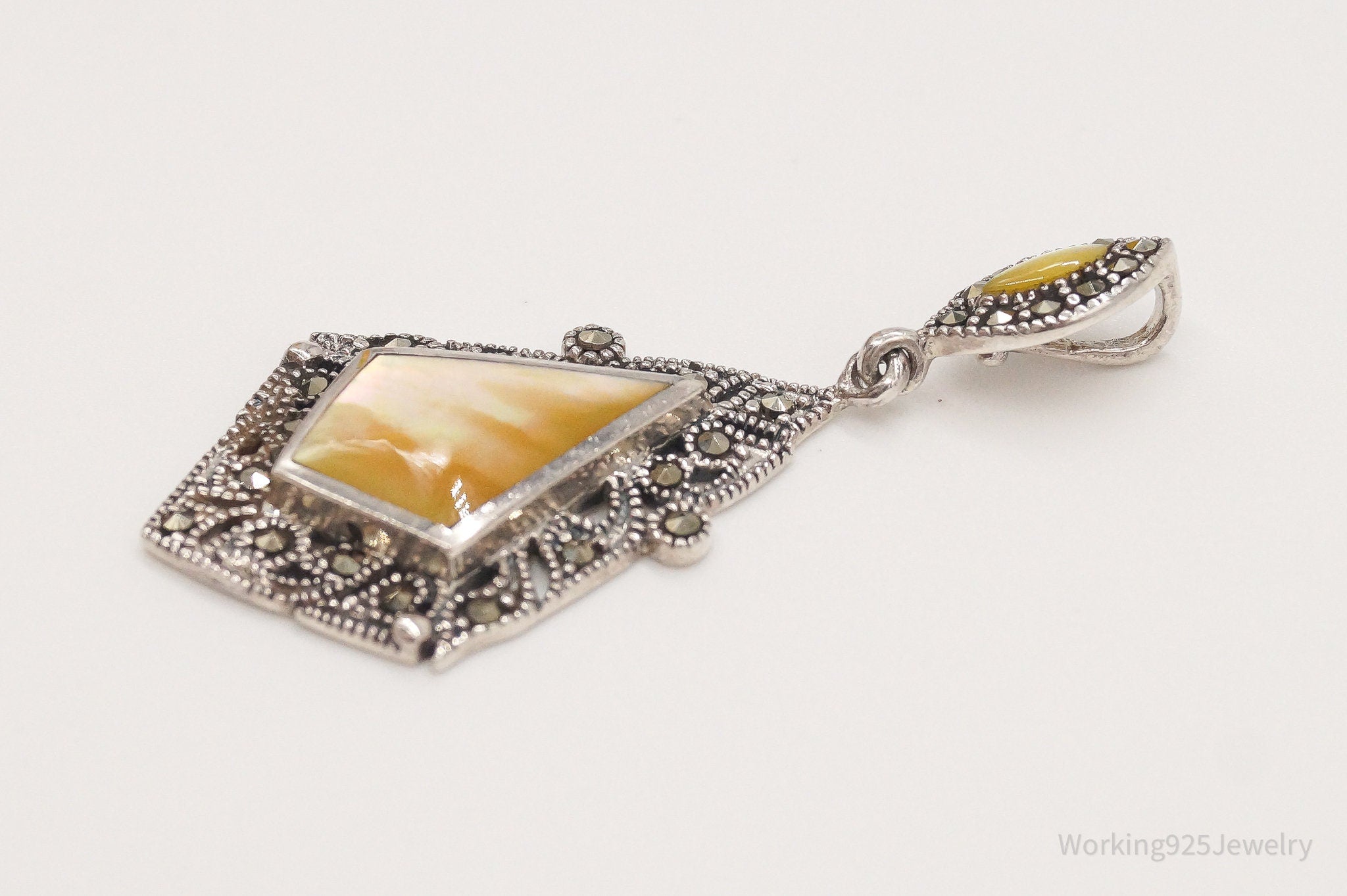 Vintage Art Deco Mother Of Pearl Marcasite Sterling Silver Pendant | Jewelry > Necklaces > Pendants | Wiccan Center