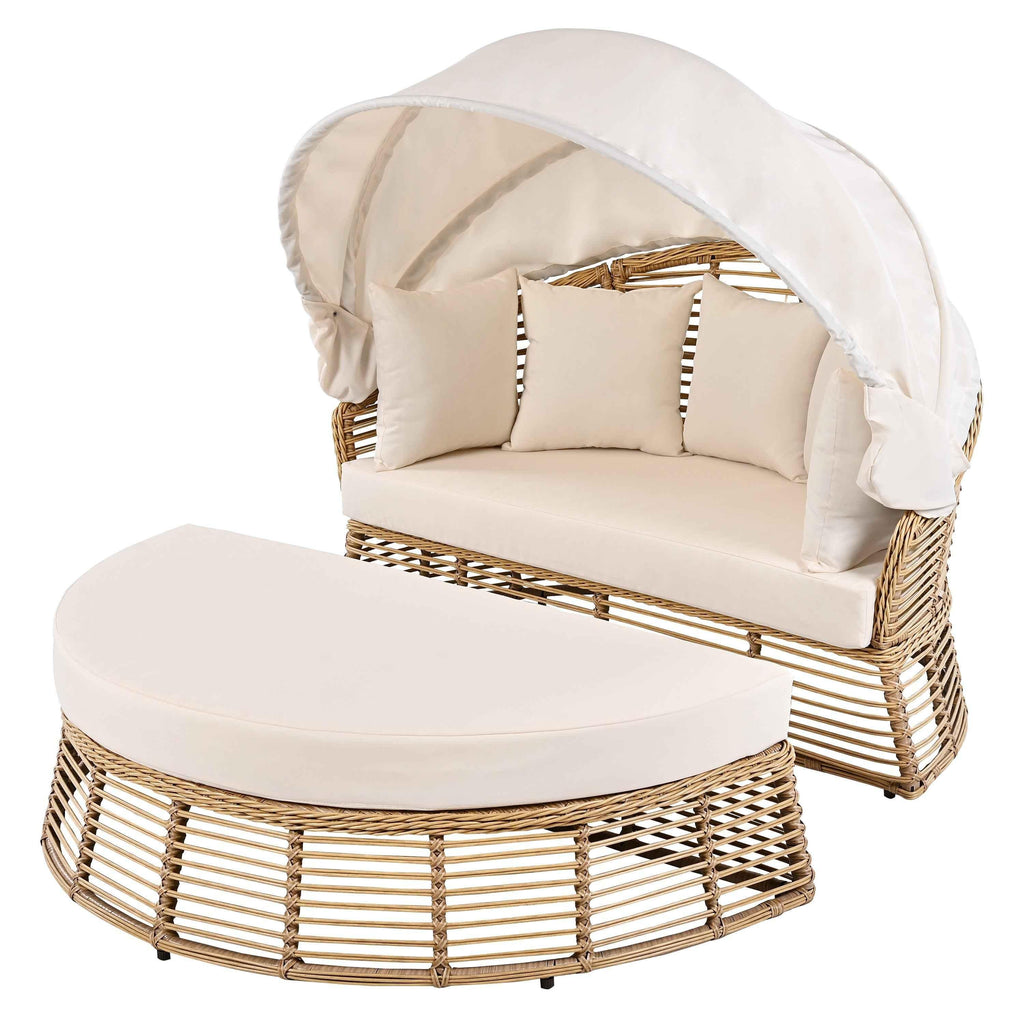 Outdoor Patio Rattan Round Daybed with Retractable Canopy, Wicker | Furniture | Wiccan Center