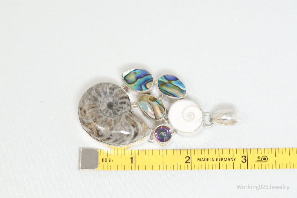 Vintage Large Fossil Shell Mystic Topaz Sterling Silver Abalone Necklace Pendant | Jewelry > Necklaces > Pendants | Wiccan Center