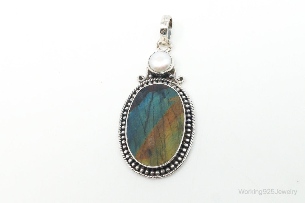 Vintage Large Labradorite Pearl Sterling Silver Necklace Pendant | Jewelry > Necklaces > Pendants | Wiccan Center