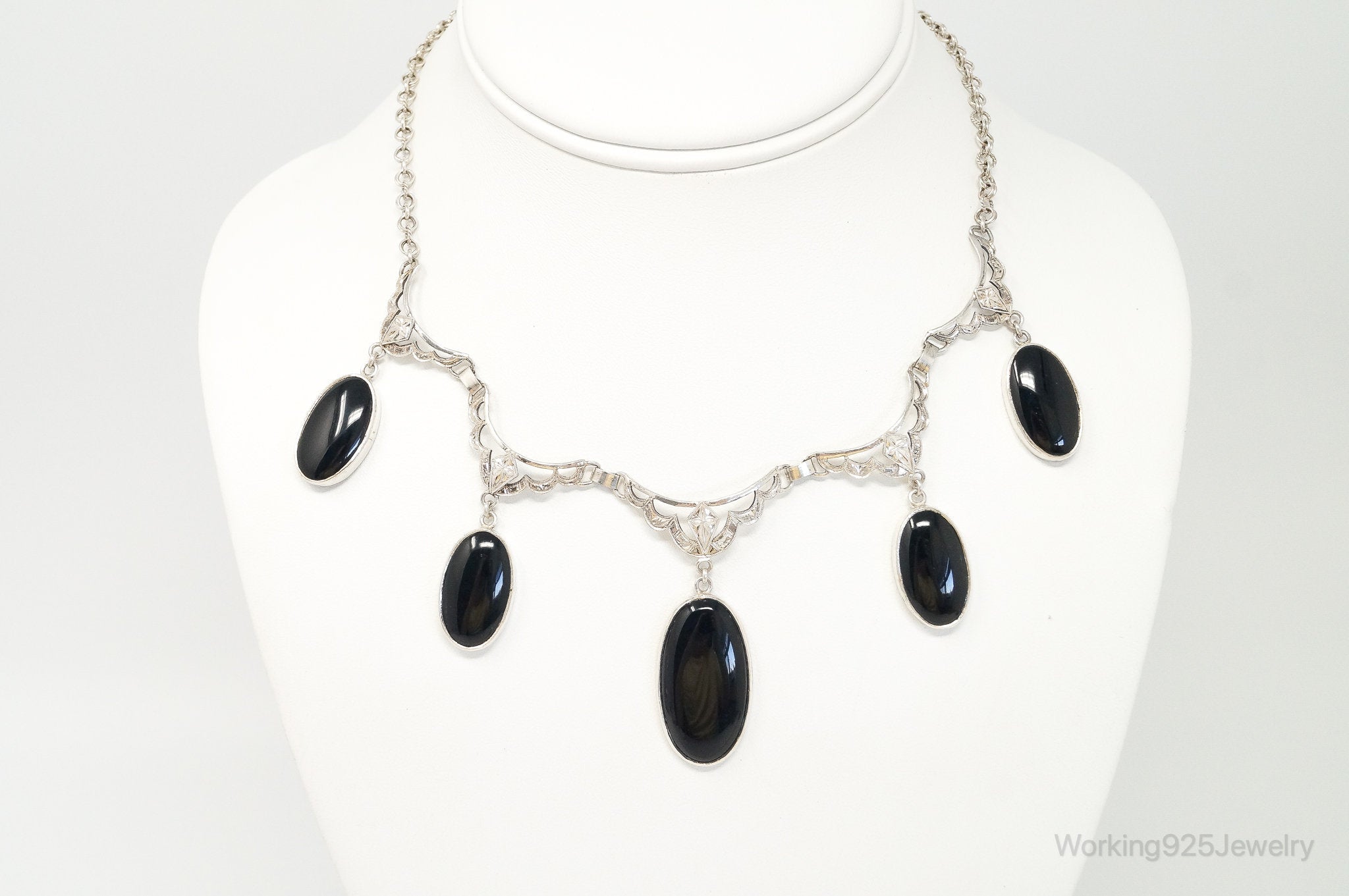 Antique Black Onyx Art Deco Silver Bib Necklace | Jewelry > Necklaces > Pendants | Wiccan Center