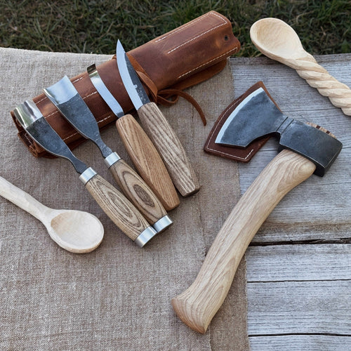 5-Piece Hand-Forged Carving Tool Set with Leather Tool Roll | Tool Sets | Wiccan Center
