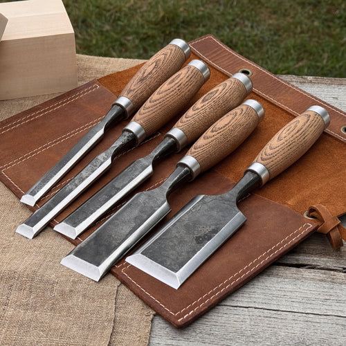 5-Piece Small Timber Framing Chisel Set with Leather Case | Chisel | Wiccan Center