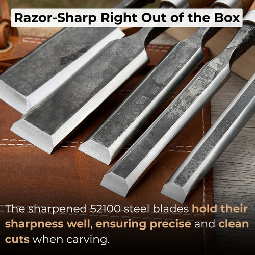 5-Piece Small Timber Framing Chisel Set with Leather Case | Chisel | Wiccan Center