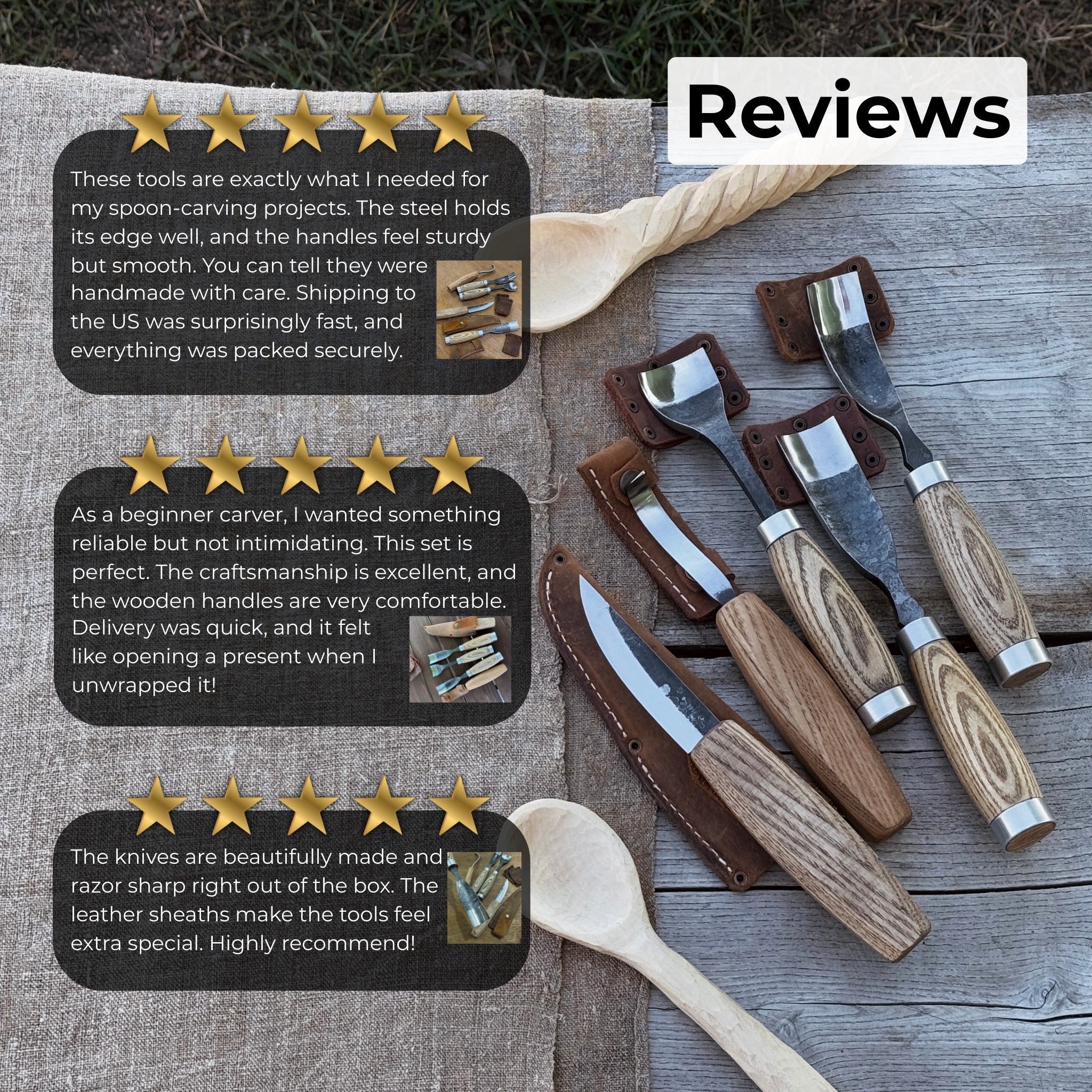 5-Piece Spoon & Bowl Carving Tool Set with Leather Sheaths