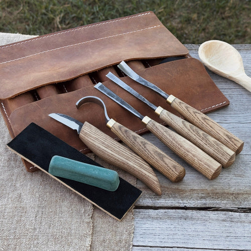 5-Piece Spoon Carving Tool Set with Leather Strop and Case | Tool Sets | Wiccan Center