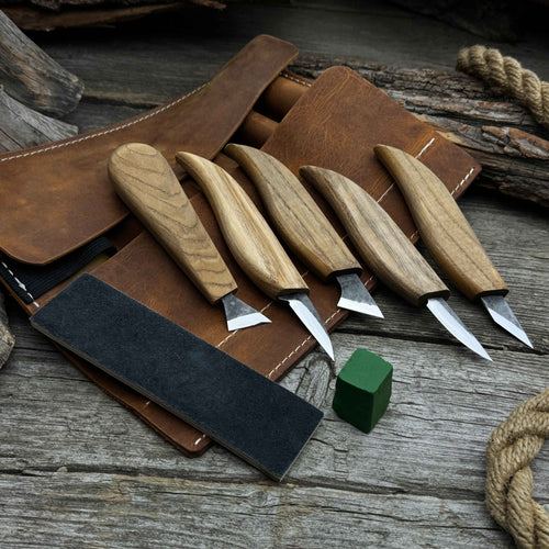 5-Piece Wood Carving Knife Set with Sharpening Board & Leather Case | Tool Sets | Wiccan Center