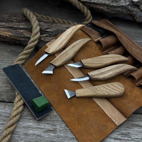 5-Piece Wood Carving Knife Set with Sharpening Board & Leather Case | Tool Sets | Wiccan Center