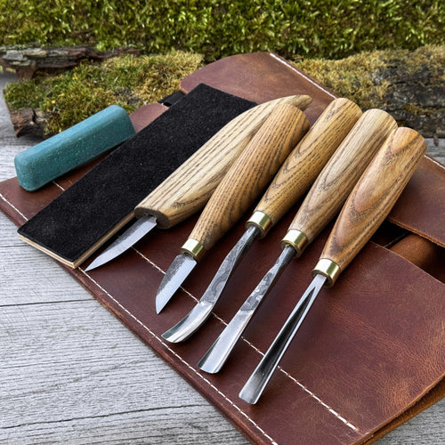 5-Piece Wood Carving Tool Set with Sharpening Board & Leather Case | Tool Sets | Wiccan Center
