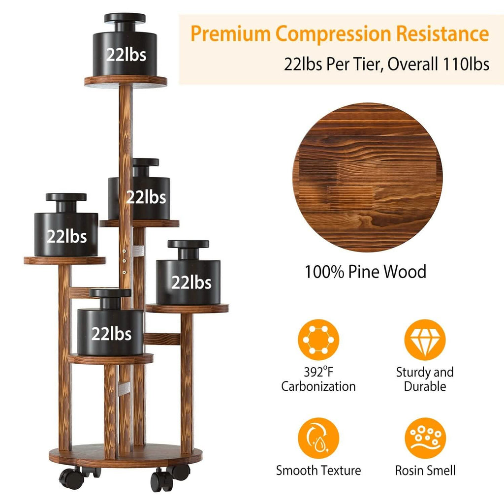 5-Tier Plant Stand with 4 Detachable Wheels Wooden Plant Pot Rolling Shelf | Furniture & Decor | Wiccan Center