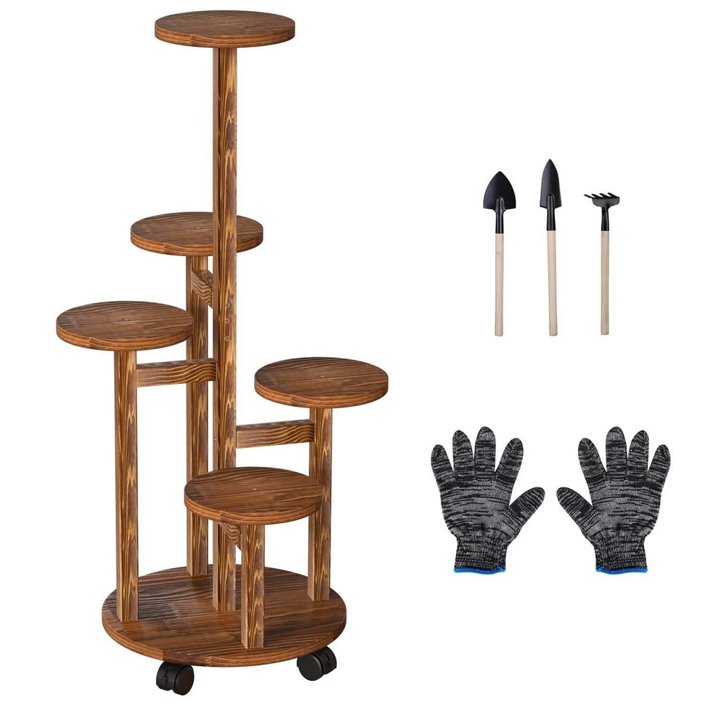 5-Tier Plant Stand with 4 Detachable Wheels Wooden Plant Pot Rolling Shelf | Furniture & Decor | Wiccan Center