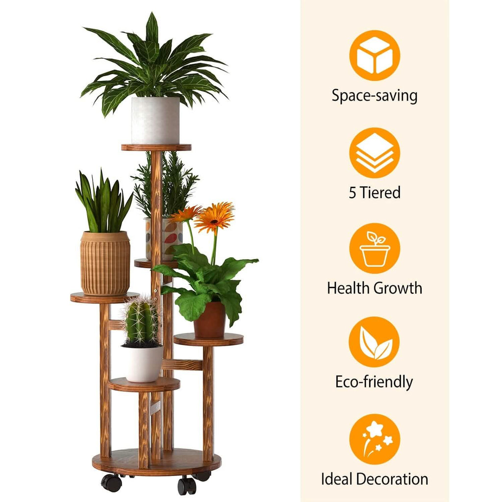 5-Tier Plant Stand with 4 Detachable Wheels Wooden Plant Pot Rolling Shelf | Furniture & Decor | Wiccan Center