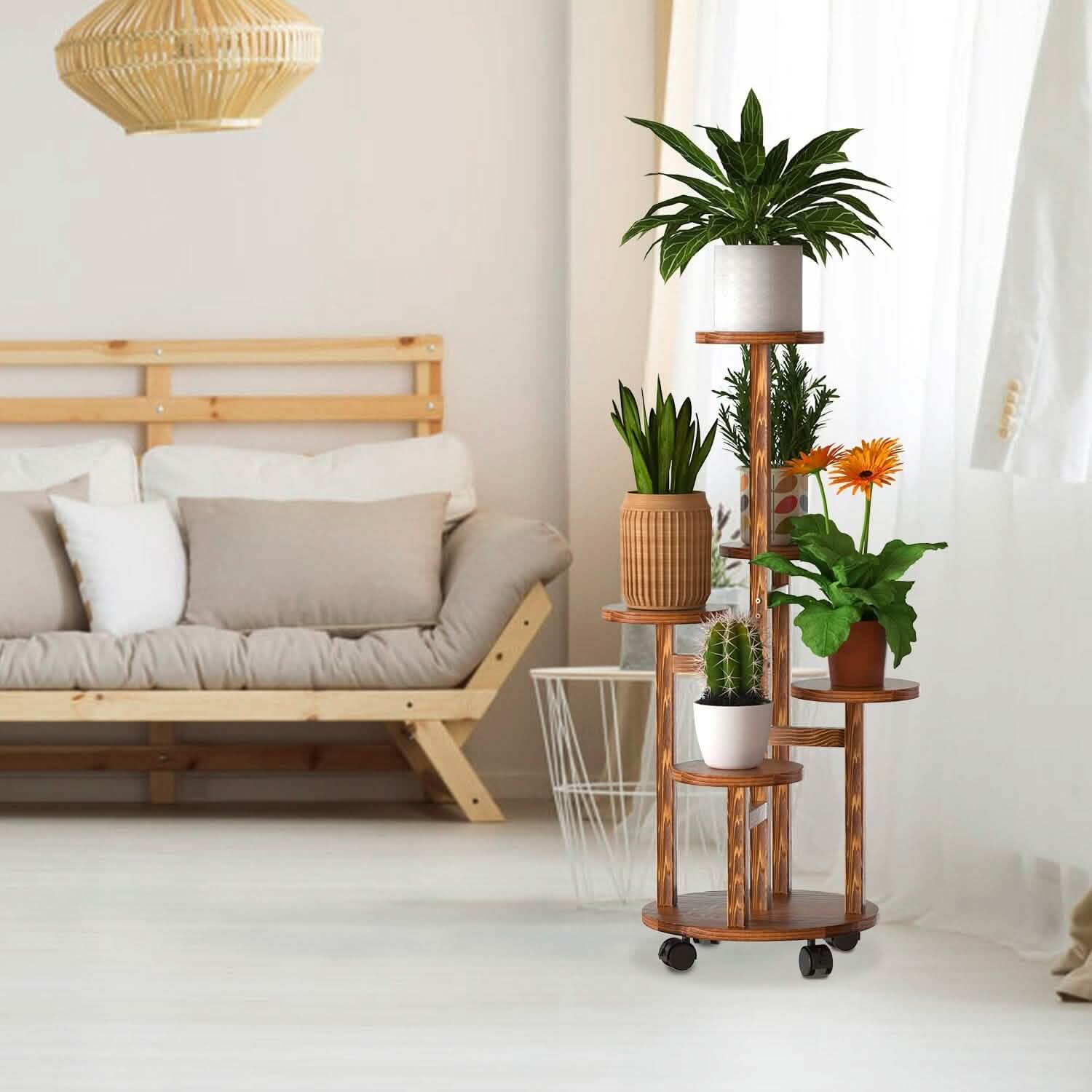 5-Tier Plant Stand with 4 Detachable Wheels Wooden Plant Pot Rolling Shelf | Furniture & Decor | Wiccan Center