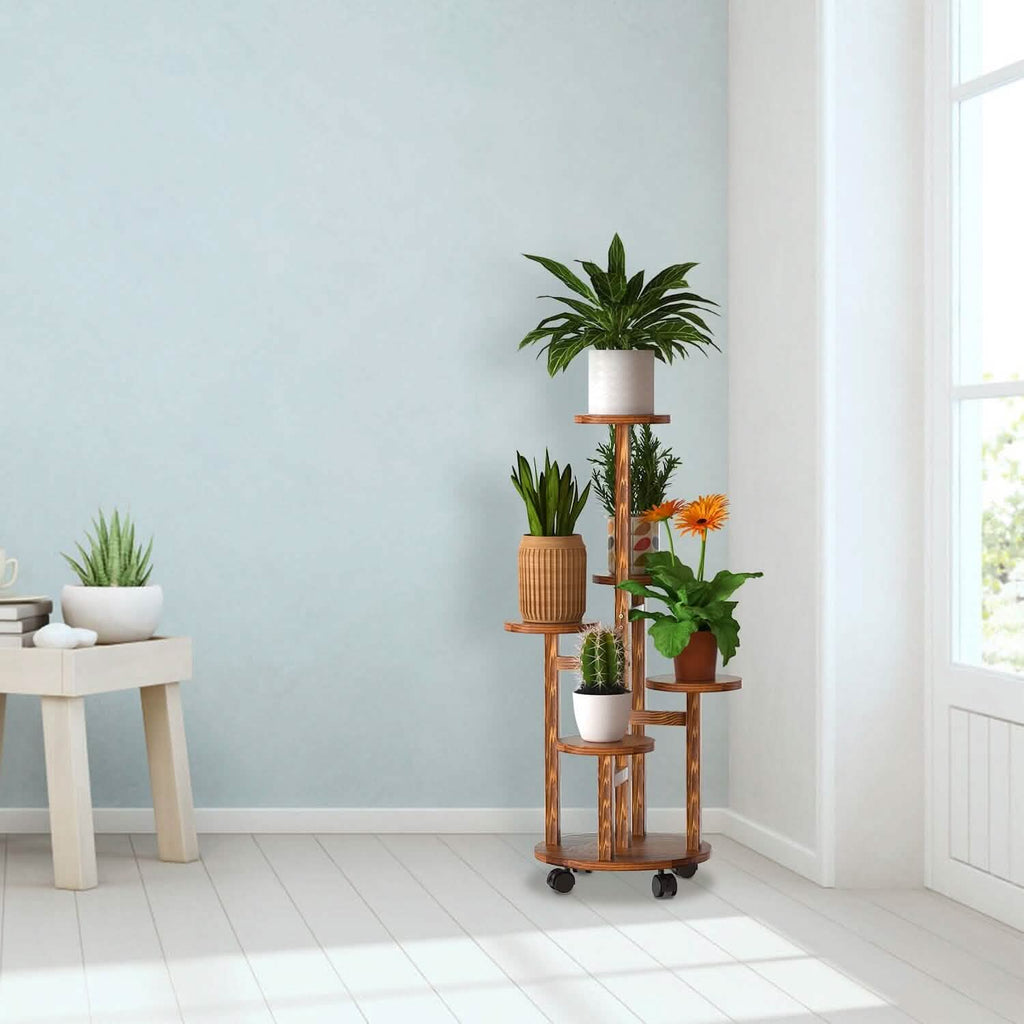 5-Tier Plant Stand with 4 Detachable Wheels Wooden Plant Pot Rolling Shelf | Furniture & Decor | Wiccan Center