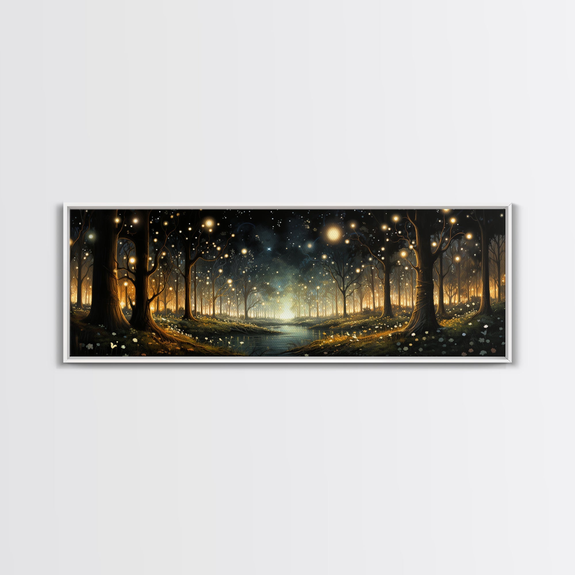 Fantasy Forest Fireflies - Framed Canvas Print - Gorgeous Fantasy Art with Glowing Lightning Bugs - Framed Wall Art for a Magical Touch | | Wiccan Center