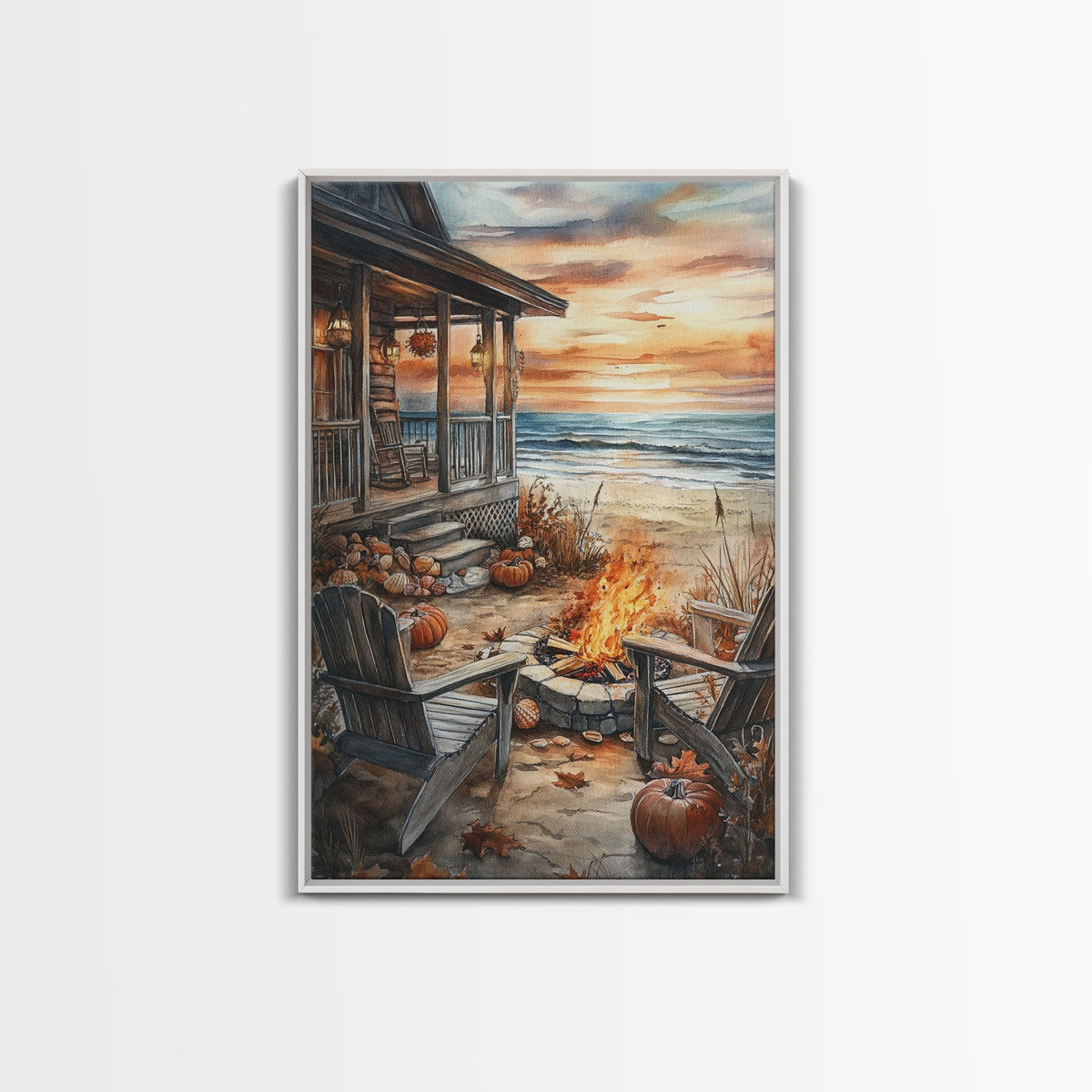 Beach Campfire On The Fall, Framed Canvas Print, Boho Beach Art Nautical Decor, Modern Christmas / Thanksgiving Gift Wall Art | | Wiccan Center