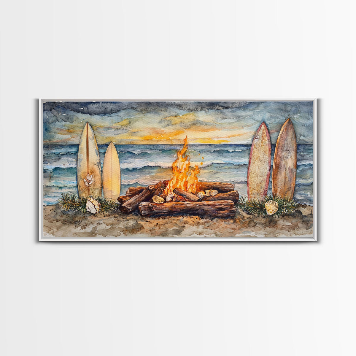 Surfboards And Bonfire On The Beach At Sunset, Tropical Coastal Wall Art, Beach Christmas Decor, Framed Canvas Print | | Wiccan Center