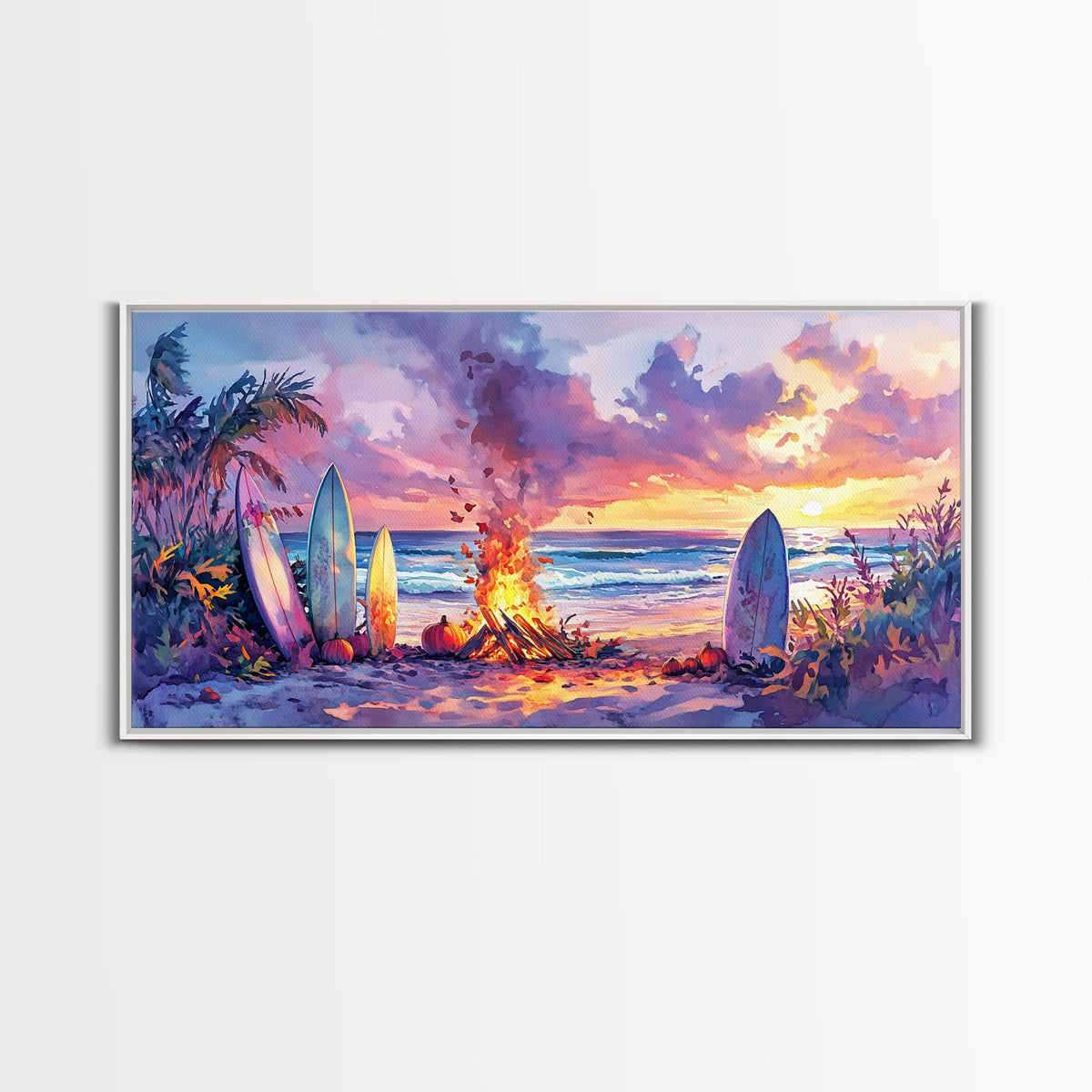 Surfboards And Bonfire At Sunset With Pumpkins, Tropical Beach Christmas Wall Art, Coastal Holiday Framed Canvas Print | | Wiccan Center