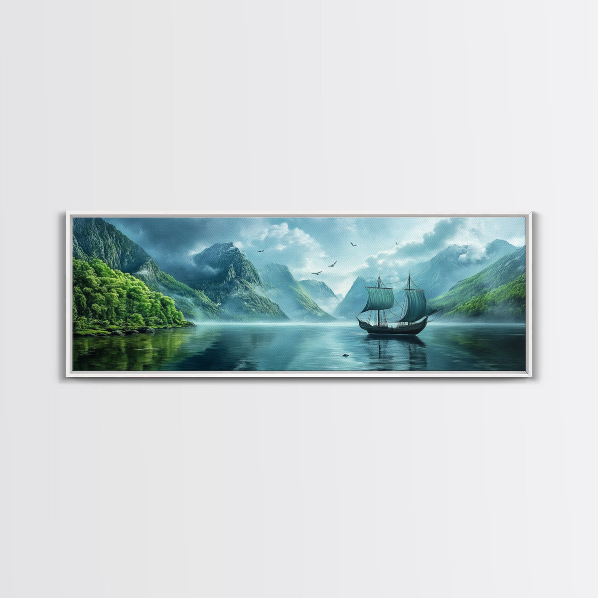 Pirate Ship In The Bay - Framed Canvas Print - Fantasy Decor - Original Landscape Oil Painting - Vintage Ship Painting - Panoramic Art