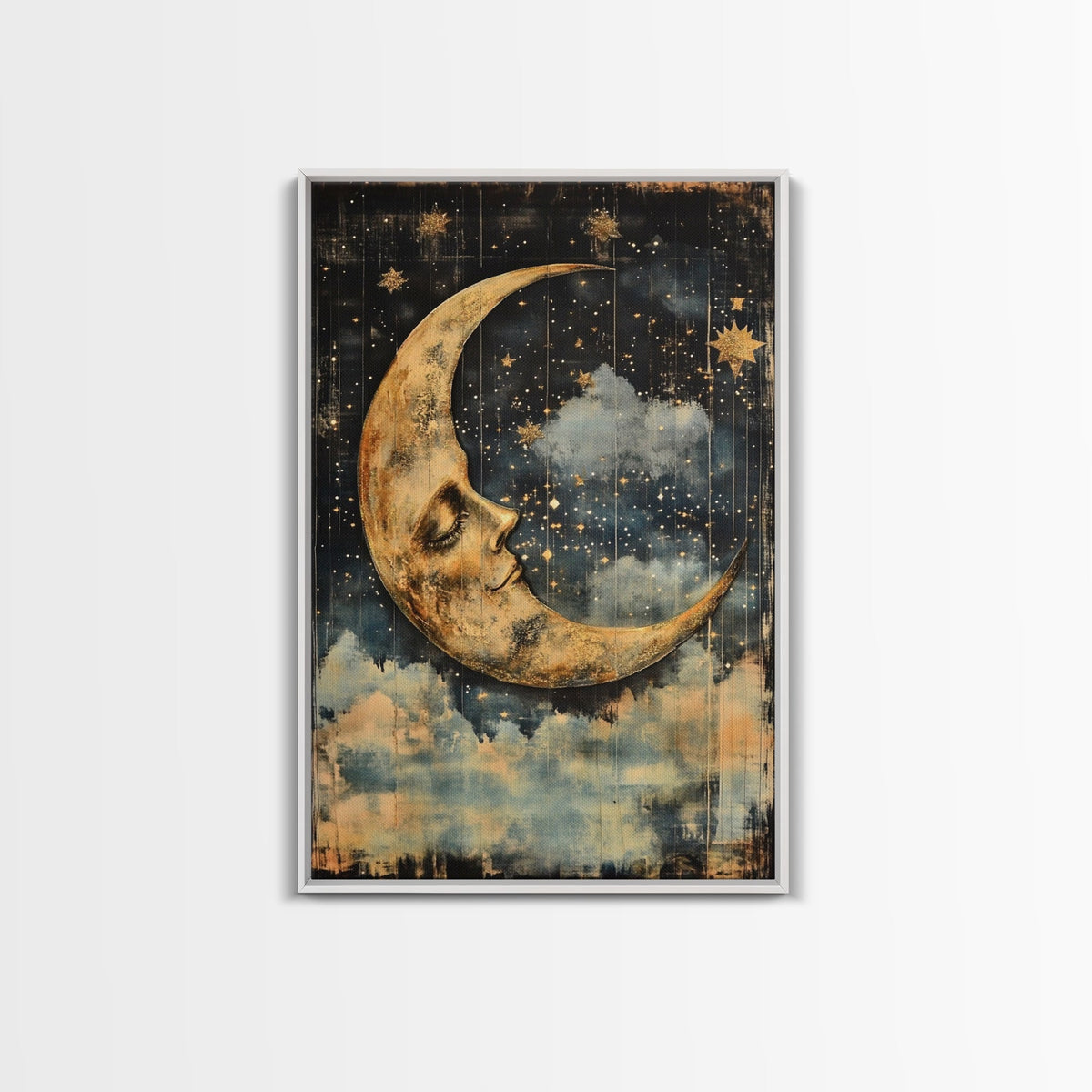 Crescent Moon Floral Botanical Wall Art Canvas Print, Dark Cottagecore Decor, Dark Academia, Moon and Stars, Moody Wall Art | | Wiccan Center
