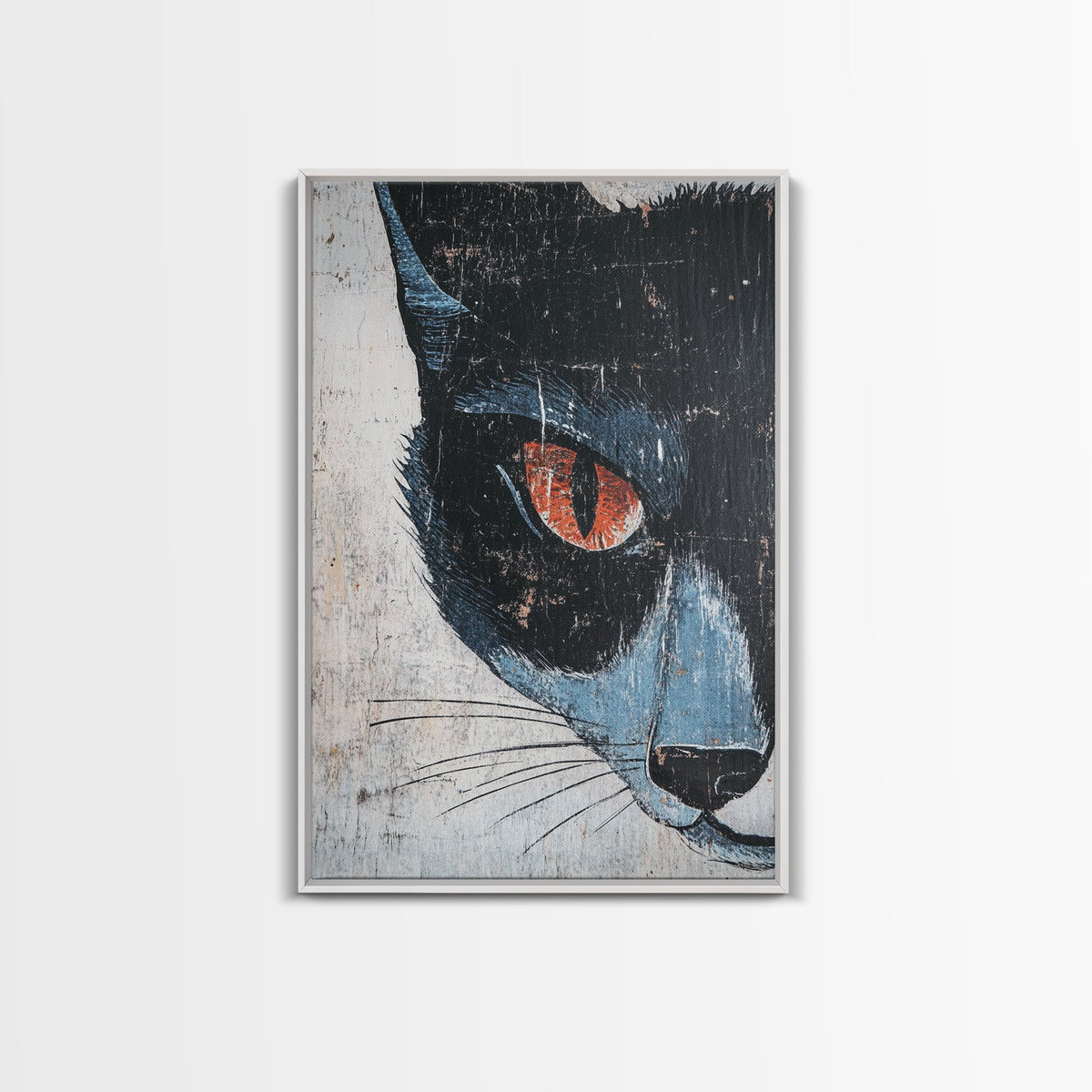 Portrait of a Black Cat, Wabi Sabi Wall Art, Cat Painting, Cat Art, Wabi Sabi Wall Art, Framed Canvas Print, Black Cat Gift