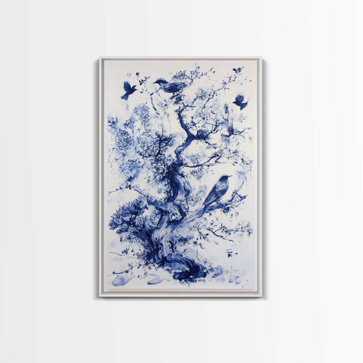 Chinoiserie Wall Art Framed Canvas Print, Blue Tree and Birds, Botanical Print, Birdwatcher Gift Idea, Chinoiserie Style Painting