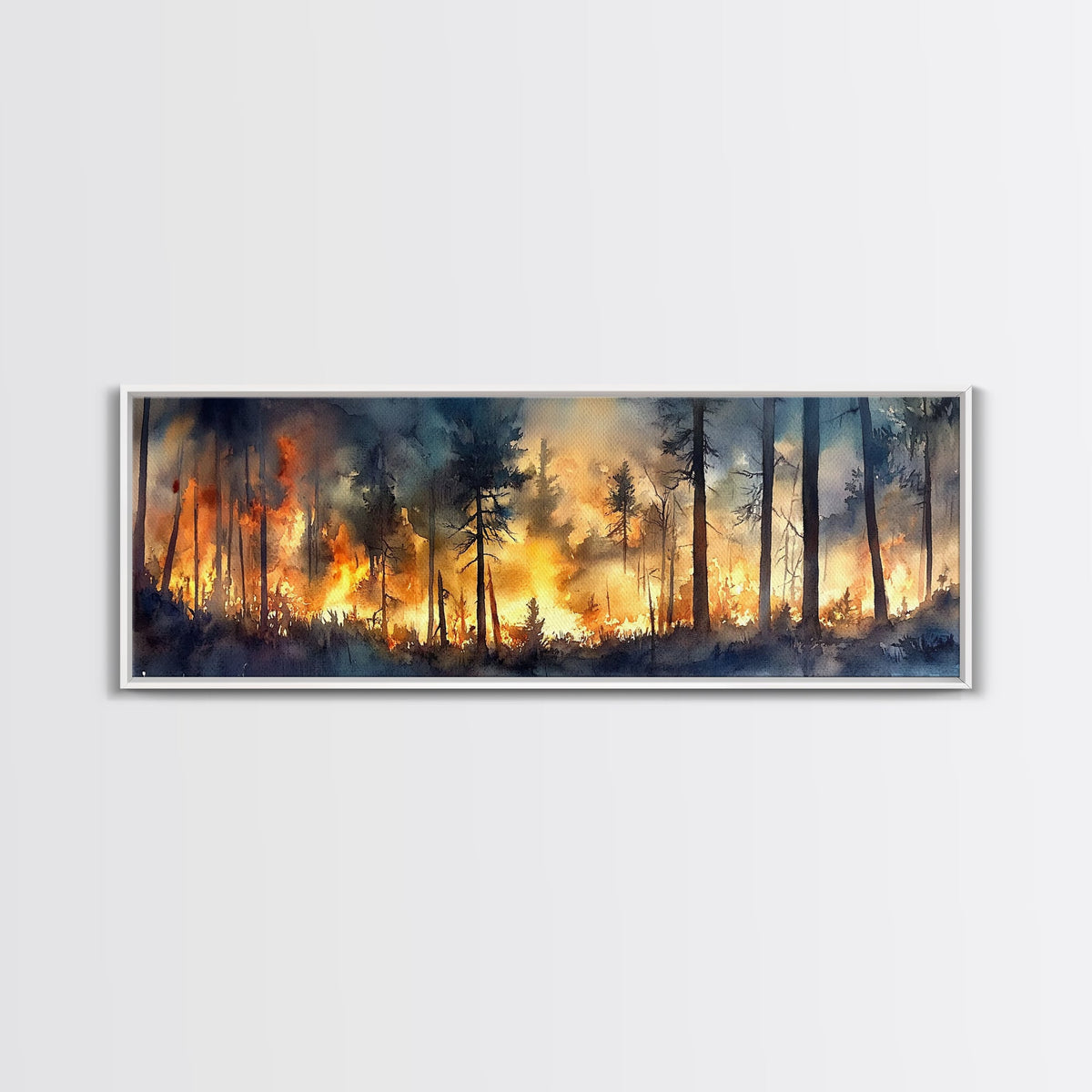 Watercolor Painting Print of a Forest on Fire, Extra Wide Horizontal Art, Forest Fire Painting, California Wall Art | | Wiccan Center