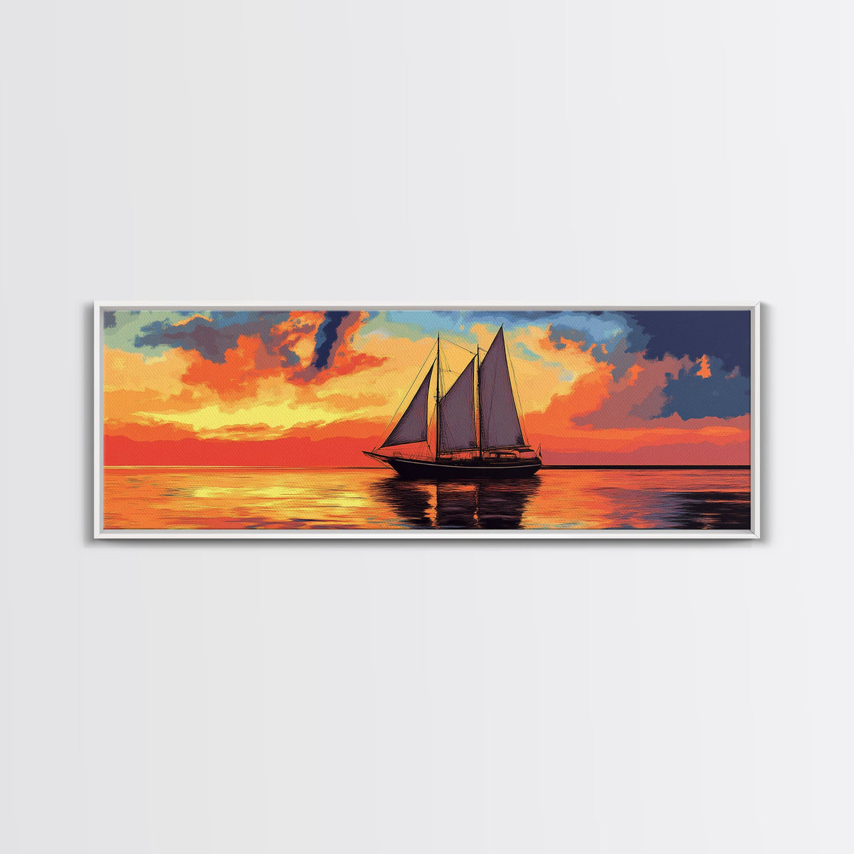 Pirate Ship at Sunset Framed Canvas Print - Panoramic Wall Art - Sailboat Painting - Sail Boat Art - Nautical Decor - Lake House Art | | Wiccan Center