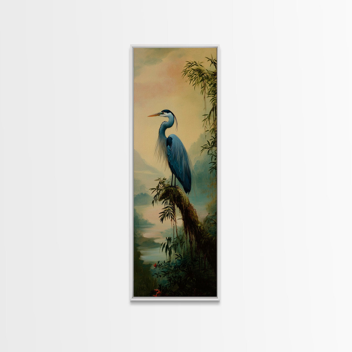 Framed Canvas Print Blue Heron Landscape Bird Art Whimsical Wall Art Coastal Decor Cottagecore Rustic Decor Tall Skinny Art Bird Painting
