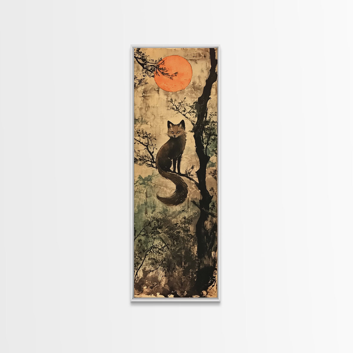 Minimalist Cat Framed Canvas Print Rustic Wall Art Halloween Art Cottagecore Wall Decor Tall Skinny Art Moody Animal Print