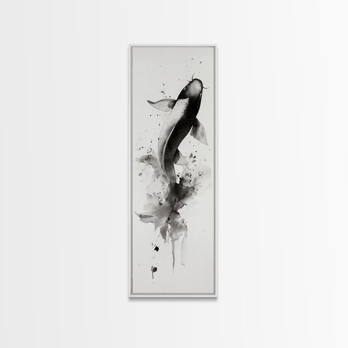 Tall Skinny Koi Fish Painting Print, Black and White Wabi Sabi Wall Art, Koi Fish Wall Decor, Japanese Style Elegant Artwork, Narrow Wall Art